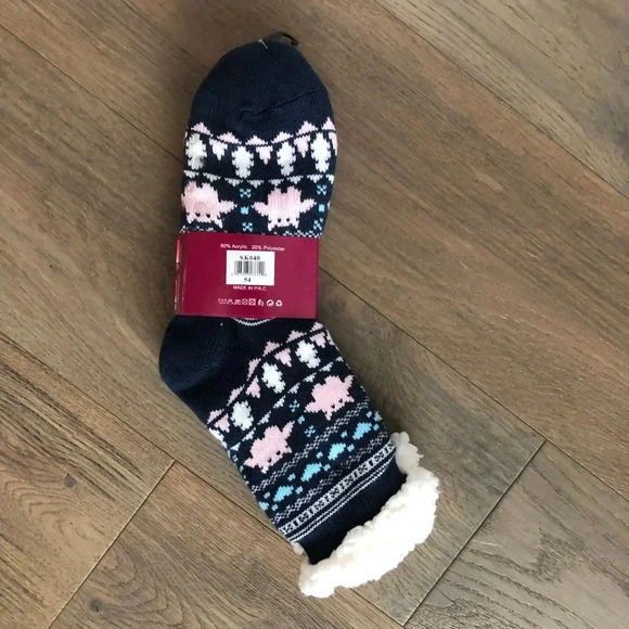 Hongling Thermal Fleece Lined Slipper Socks w Silicone Grip Dots Blu Wht Pnk NWT - Picture 5 of 12